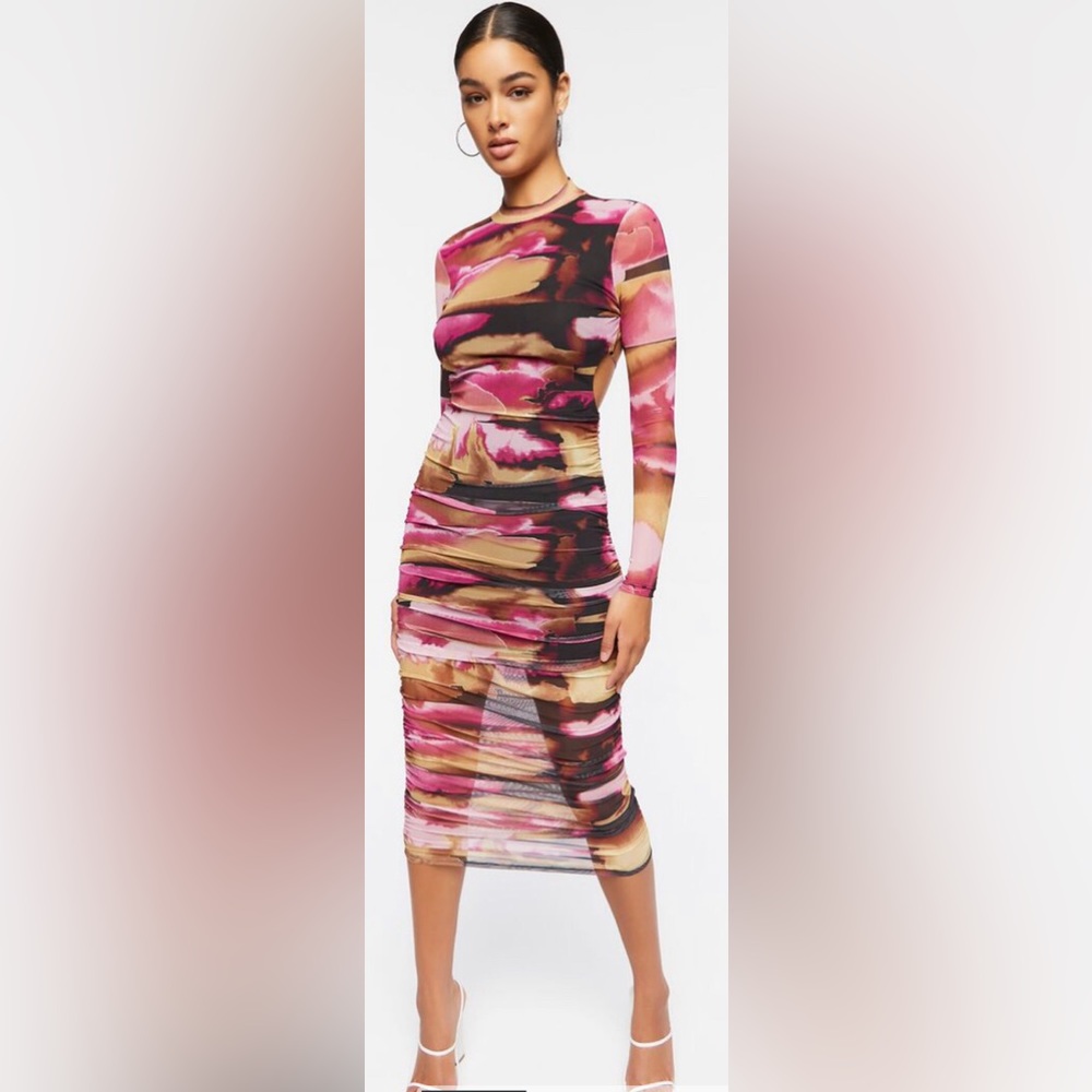 Abstract Print Mesh Midi Dress